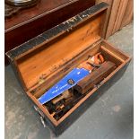 An early 20th century pine carpenter's toolbox, containing a large quantity of hand tools; to