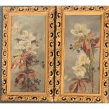 A pair of still lives of flowers, oil on board, unsigned, each 42x19cm, within pierced gilt frames