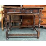 An early 18th century and later side table, single frieze drawer on ring turned legs and