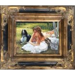 Oil on board, study of a nude and dog, in large gilt resin frame, 29x39cm