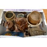 A mixed lot to include several stoneware jars, ceramic chamber pot; tribal carved mask; copper