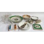 A mixed lot to include Copeland fancy bird plate, various tea wares, soap dish, cut glass ware, etc