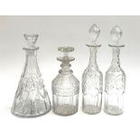 A cut glass conical decanter, together with a pair of decanters and one other