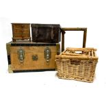 A mixed lot to include a set of 3 wicker baskets, a small painted jewellery box, a pine trunk, a