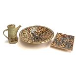 A Rosalind Pottery studio pottery salad bowl, 41cmD, together with matching square dish and a studio