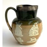 A Doulton Lambeth ware jug with silver rim depicting windmill and stag hunting scene, 16cmH