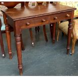 A late 19th/early 20th century mahogany side table, two frieze drawers, on turned tapering legs,