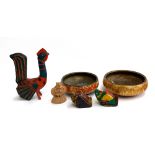 A carved wooden cockerel, together with two painted Indian wooden bowls, carved bird figures, etc
