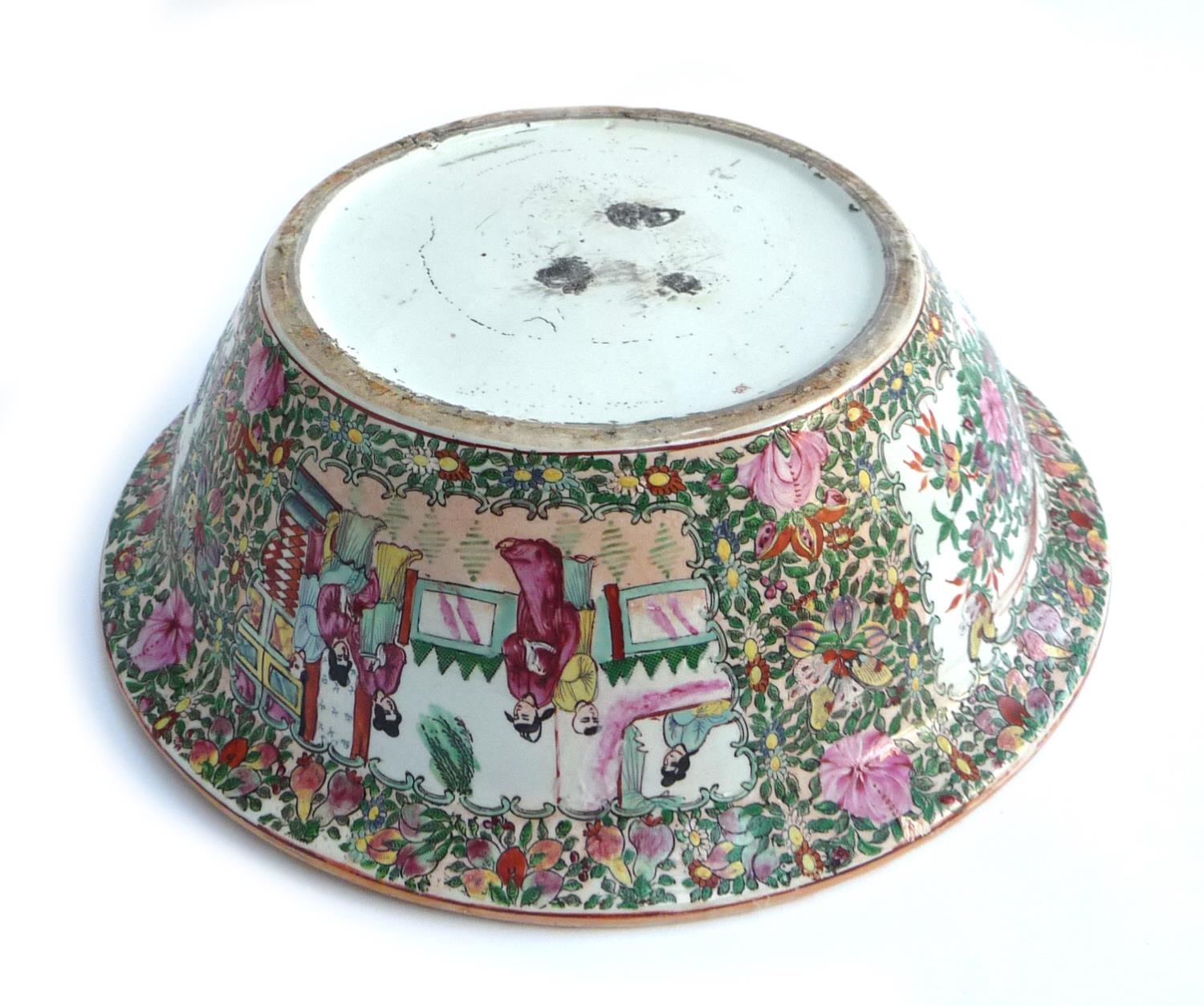 A large Chinese famille rose punch bowl, interior decorated with panels of court scenes and flora - Image 2 of 2