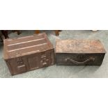 A brown military ammunition box, 45cmW together with one other with leather carry handle, 49cmW