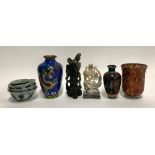 A mixed lot to include soapstone and hardstone carved figures, cloisonne enamel dragon vase, various