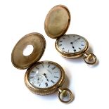 A gold plated Waltham half hunter top wind pocket watch, Roman numerals and subsidiary seconds dial
