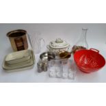A mixed lot to include Cloverleaf stoneware dishes, a brass mortar and pestle, plated salt and