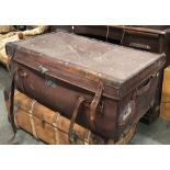 A Victorian leather travel trunk, with stickers, 92x53x36cm