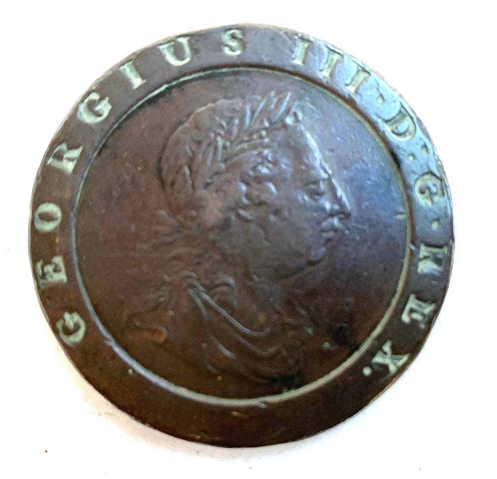 A 1797 George III penny, with 11 leaves