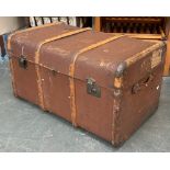 A vintage canvas and woodbanded travel trunk, 87x54x48cmH