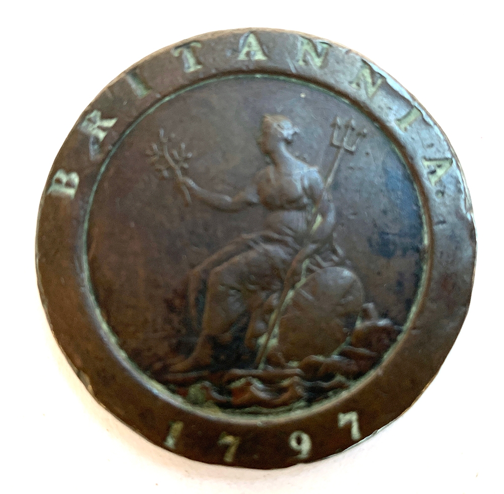 A 1797 George III penny, with 11 leaves - Image 2 of 2