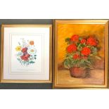 Oil on board, still life of flowers, 45x35cm; together with a print (2)