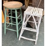 A beechwood and painted kitchen stool, 72cmH; together with one other