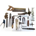 A mixed lot to include wooden handled antique stilson or wrench, Spear & Jackson saw tooth setter