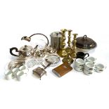 A mixed lot of plated and other items to include ashtray, tureen, several brass candlesticks, pewter