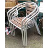 A set of three stacking aluminium and slatted wood garden chairs