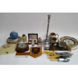 A mixed lot to include onyx desk lighter, set of scales, cased set of 6 solingen teaspoons, silver