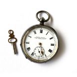 A silver cased open face pocket watch, the white enamel dial marked Kendal & Dent, Makers to the