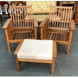 A pair of slatted garden chairs with cushions, together with a matching footstool (3)