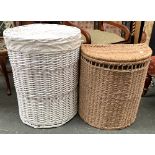 A white painted wicker laundry basket, with liner, 65cmH; together with a demilune rush laundry