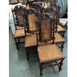 A set of six carved oak and caned dining chairs in Jacobeethan taste