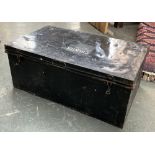 A black painted metal travel trunk, the top marked C. Hunter, 91x54x37cmH