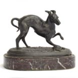 A spelter figure of a whippet and a tortoise, on marble base, 12cmL