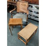 An oak open armchair with caned back, rush footstool and small occasional table (3)