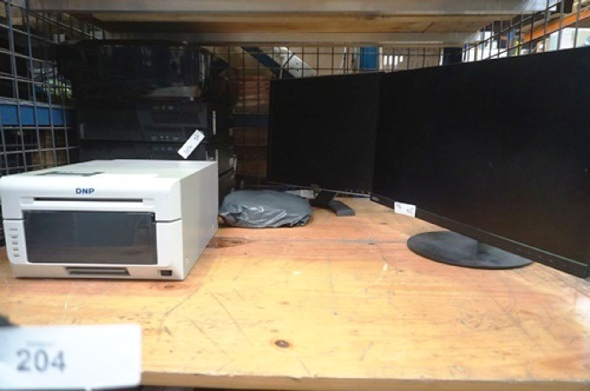 A selection of computer equipment including Lenovo ThinkCentres, DNP photo printer and monitors -