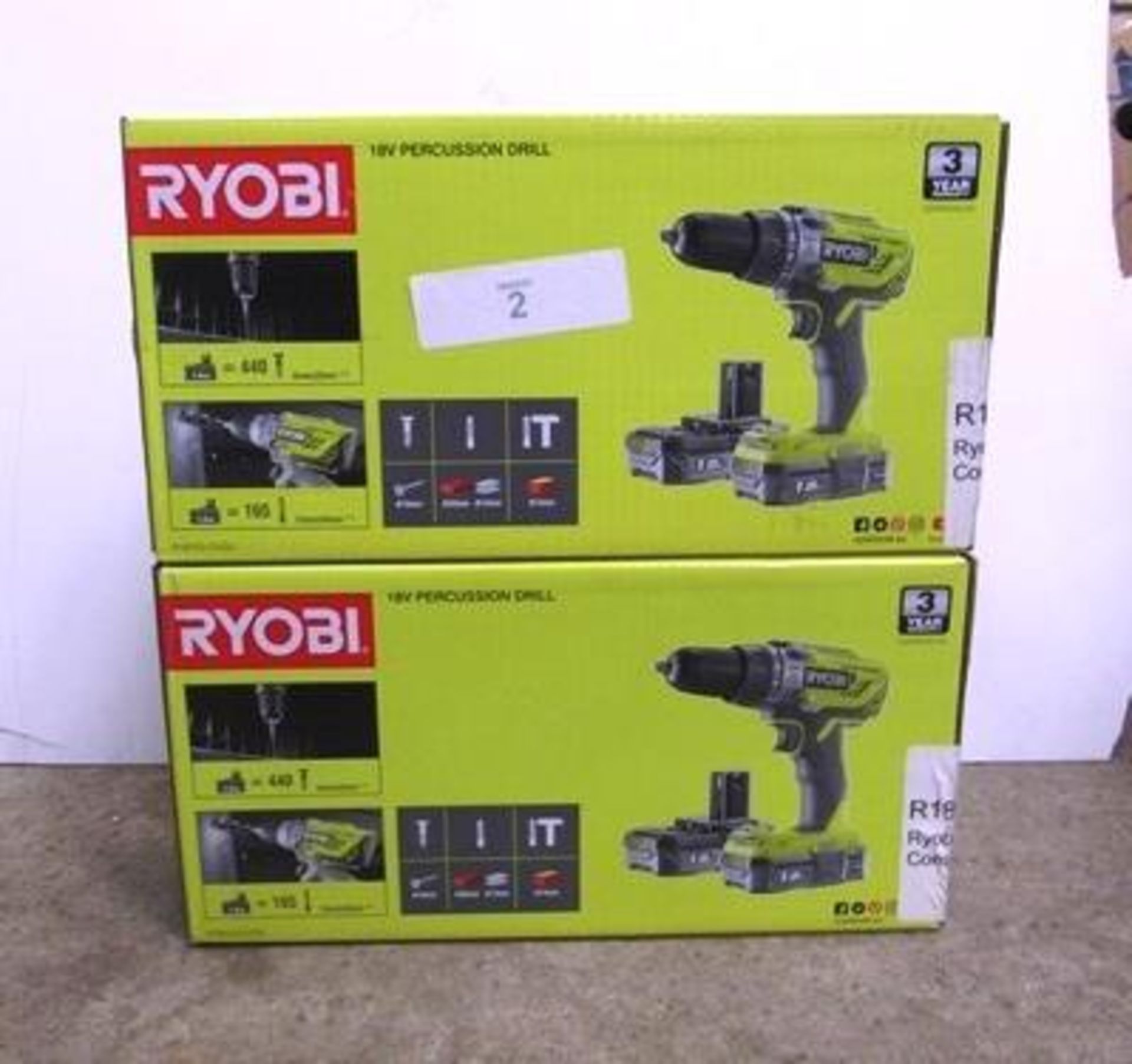 2 x Ryobi 18V percussion cordless drill sets each comprising 1 x drill, 2 x 1.5Ah batteries and 1