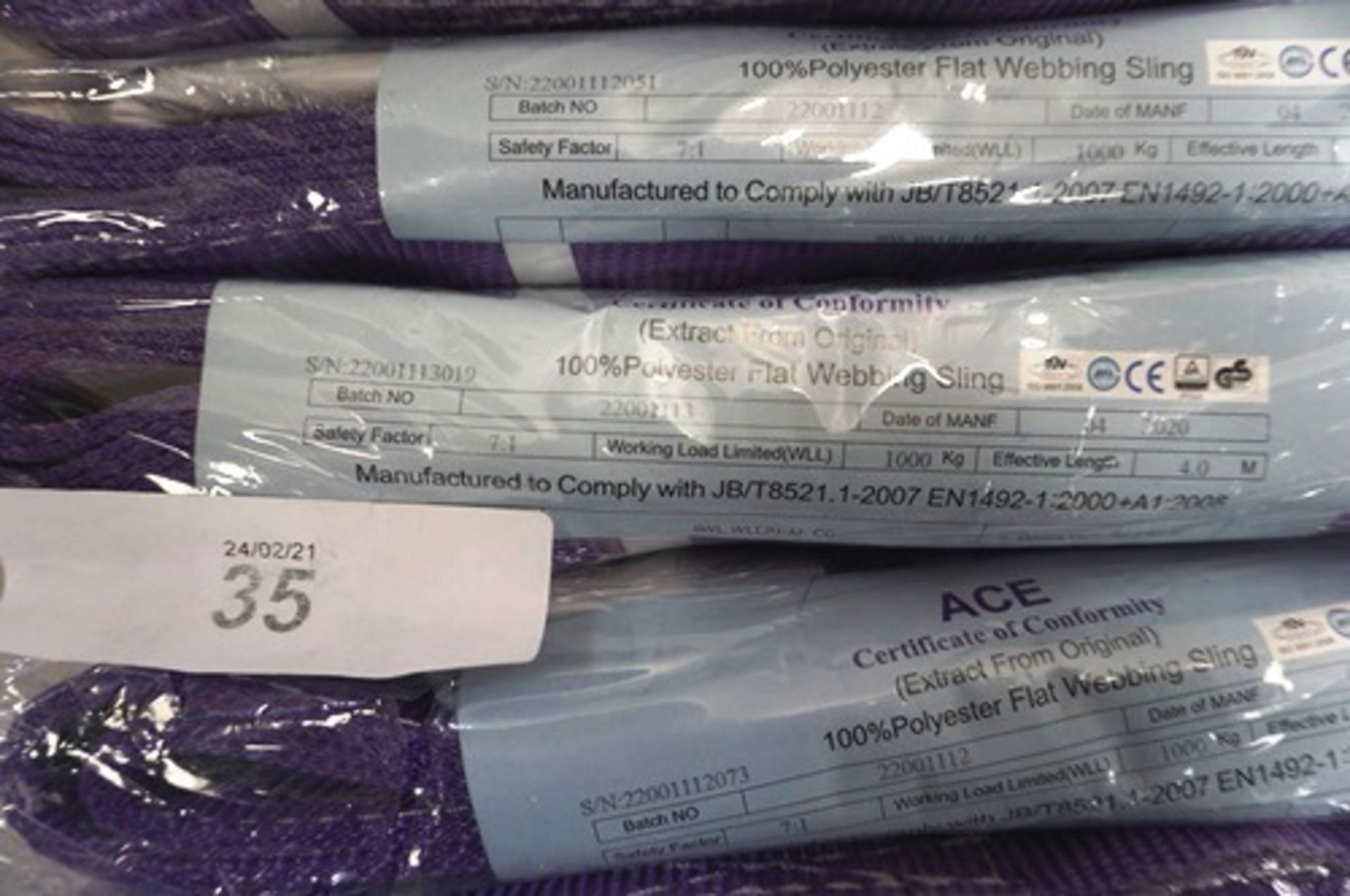 8 x Ace 100\% polyester flat webbing slings, 4m(L) x 1000kg WLL safety factor 7:1 - Sealed new in - Image 2 of 2