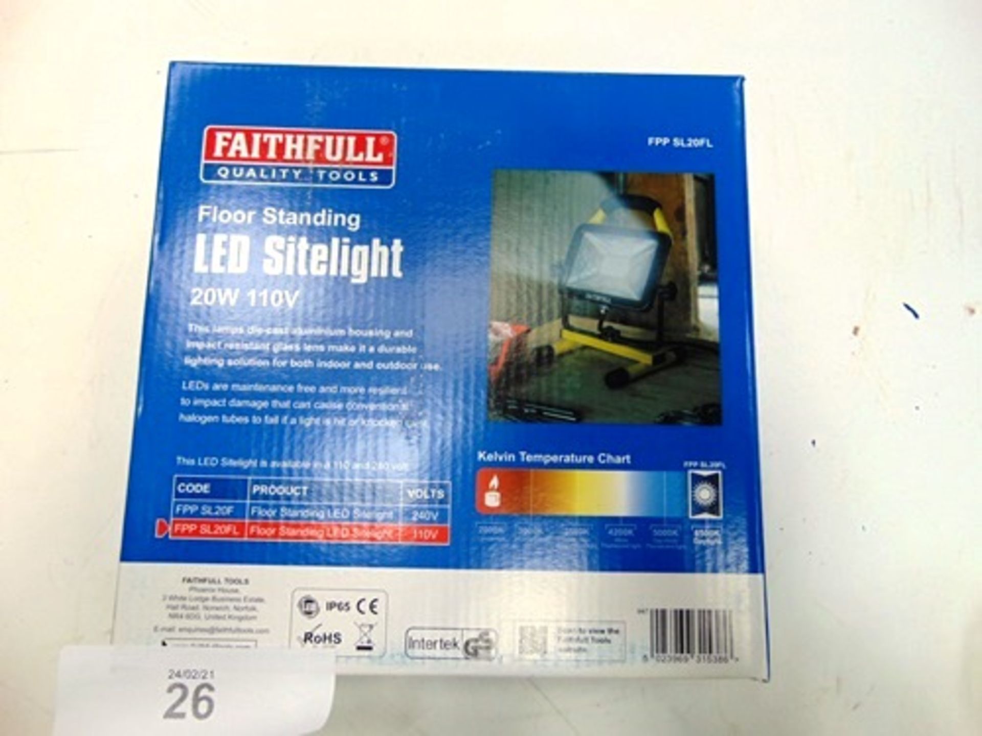 8 x Faithfull Tools LED 20W 110V site light, 1800 lumens, model FPPSL20 FL - Sealed new in box ( - Image 3 of 4