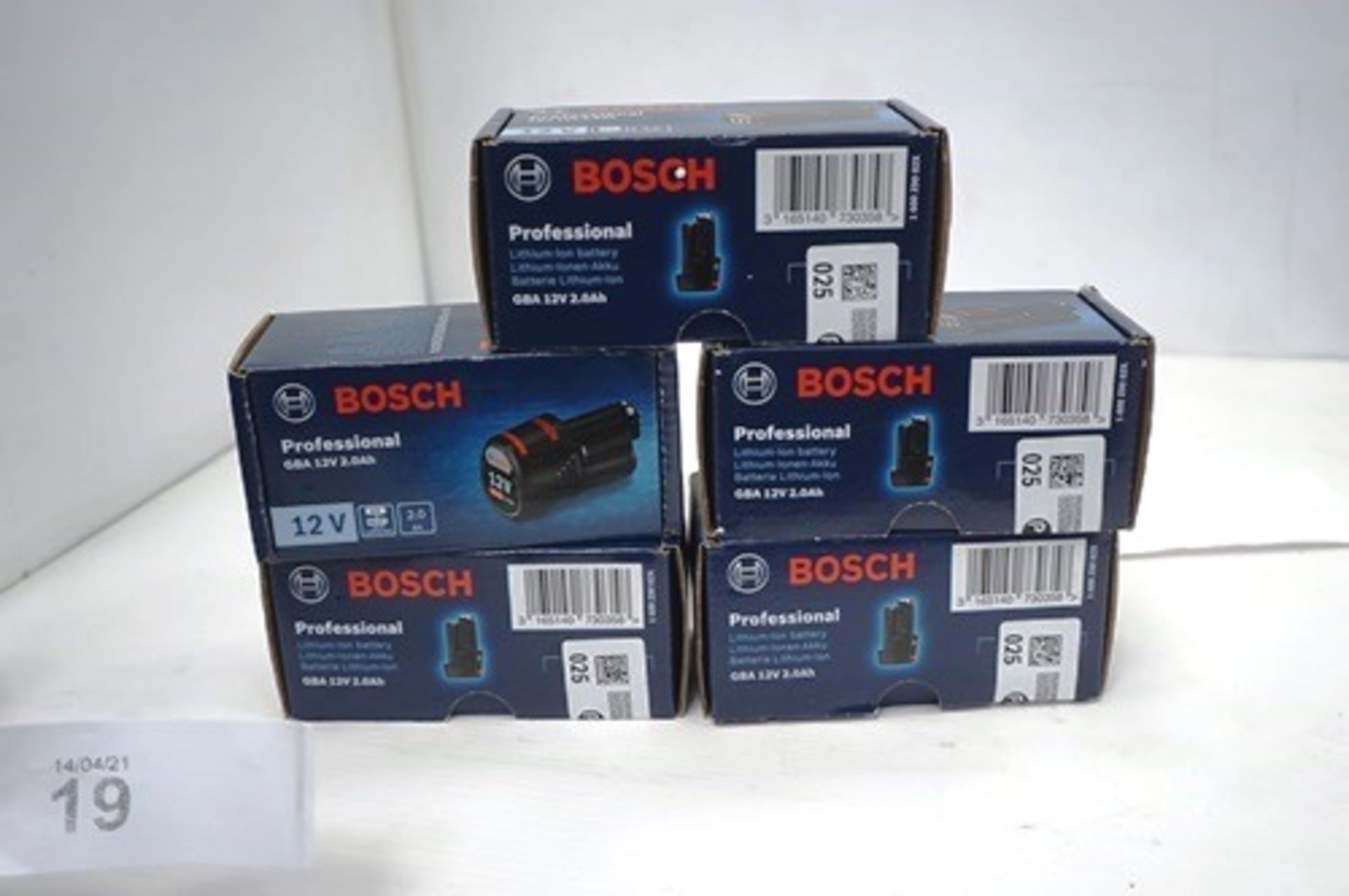 5 x Bosch GBA 12V 2.0Ah batteries, model 1600Z0002X, RRP £29.00 each - Sealed new in box (TC3)