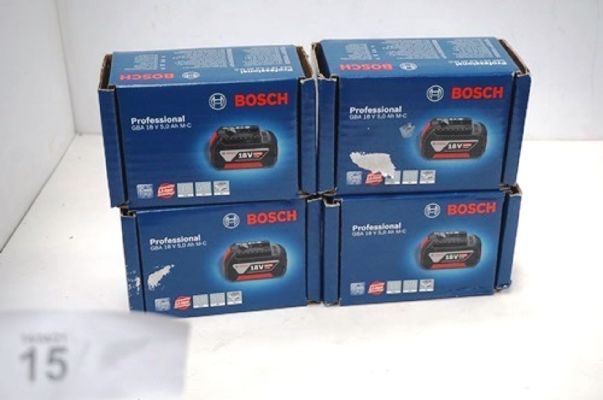 4 x Bosch GBA 18V 5.0Ah M-C batteries, model 1600A002U5, RRP £40.00 each (TC3)