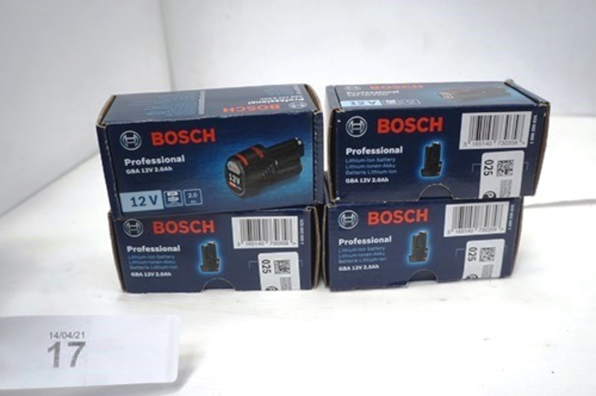 4 x Bosch GBA 12V 2.0Ah batteries, model 1600Z0002X, RRP £29.00 each - Sealed new in box (TC3)