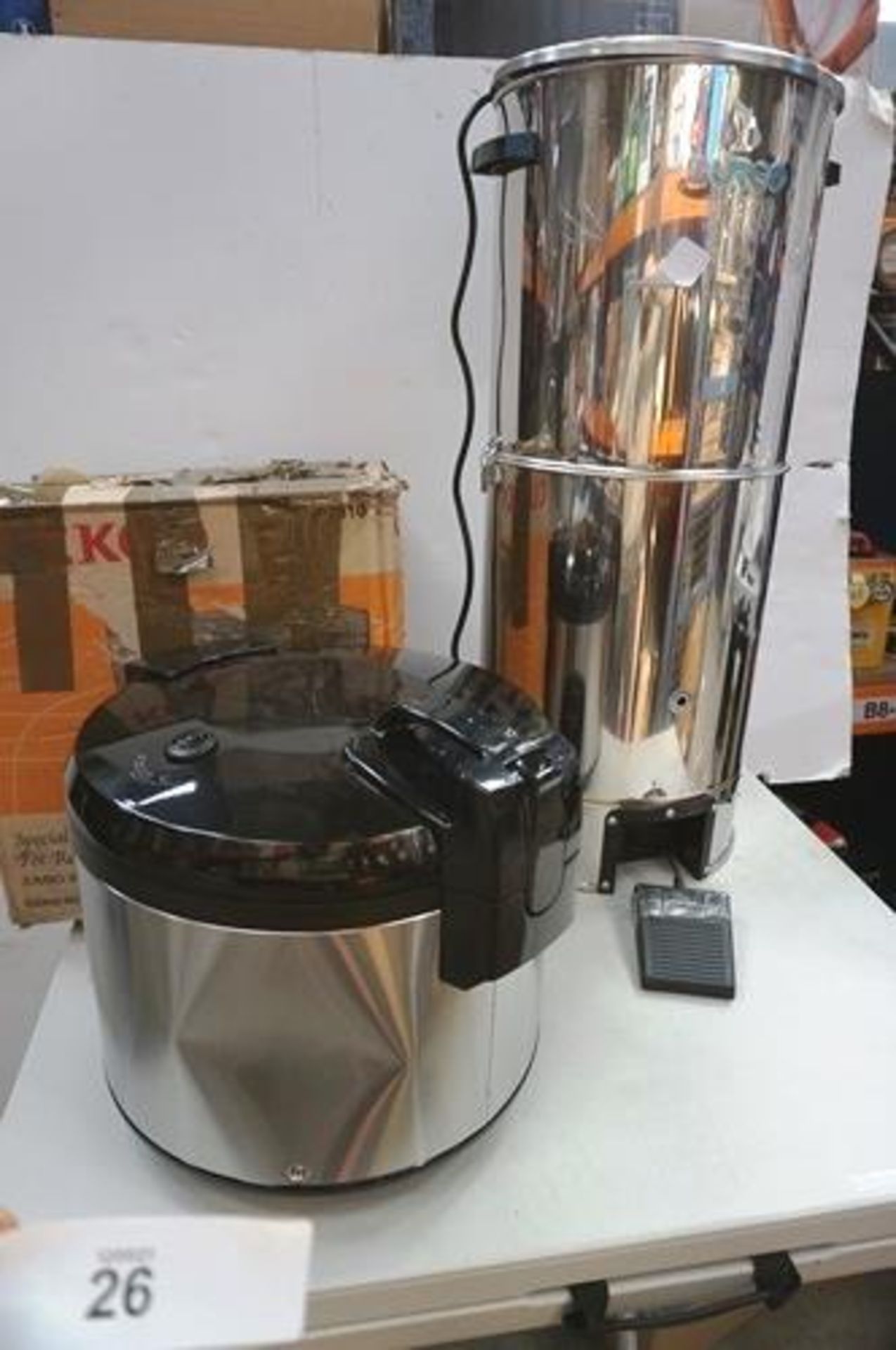 Cooks Professional commercial rice cooker with dented side, together with Burco portable hand