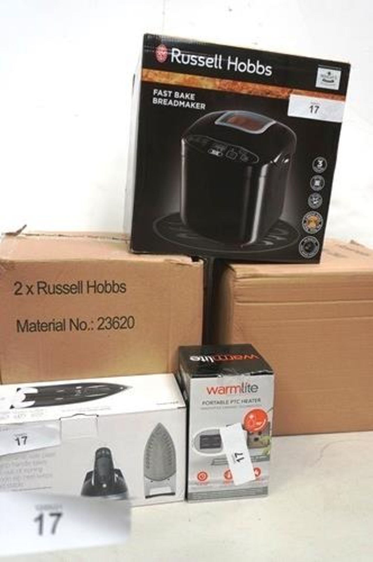 3 x Russell Hobbs Fast Bake bread makers, model 23620, together with John Lewis Speed Steam iron and