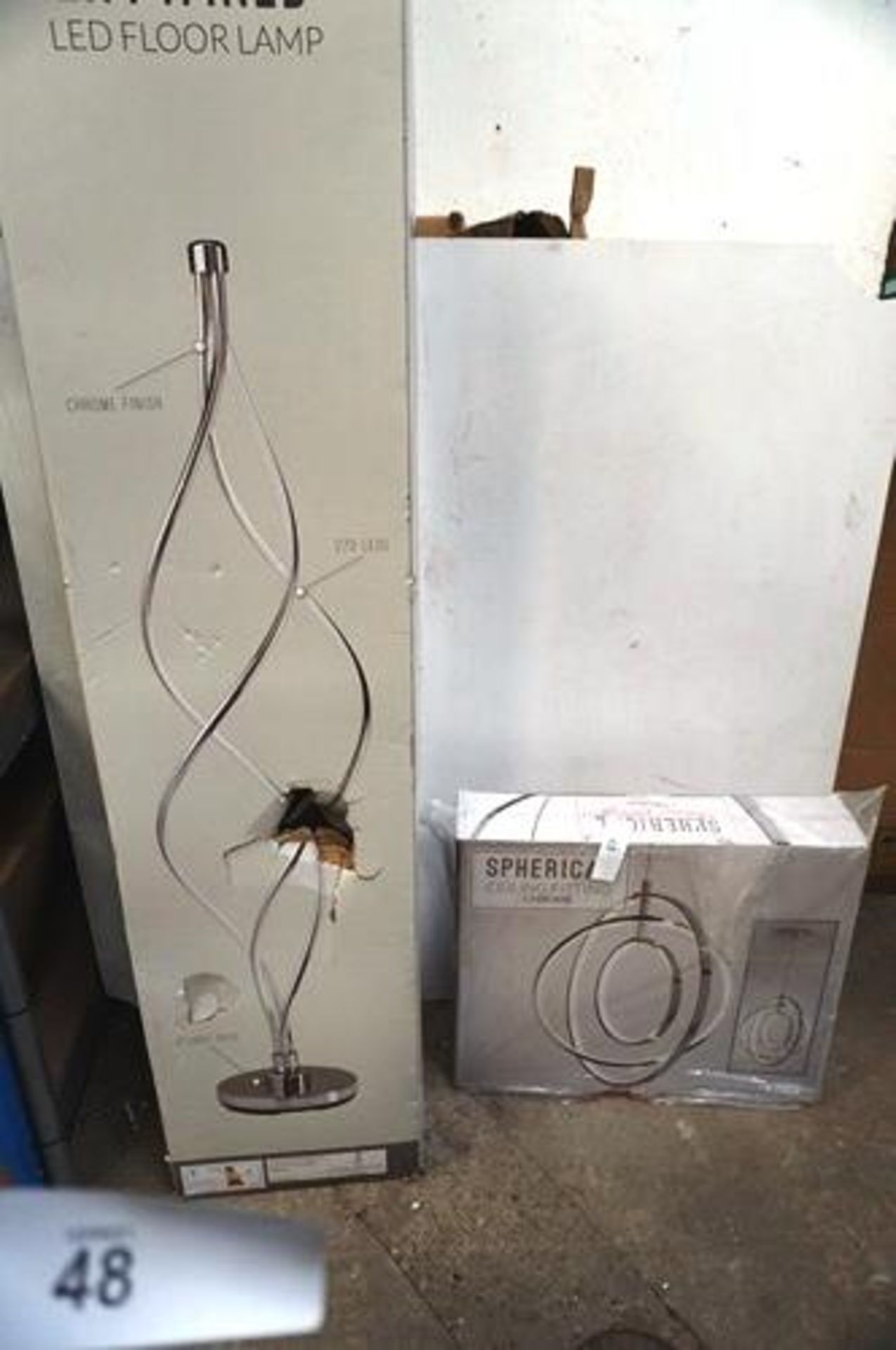 1 x chrome entwined LED floor lamp, SKU: 223505, together with 1 x chrome spherical ceiling fitting,