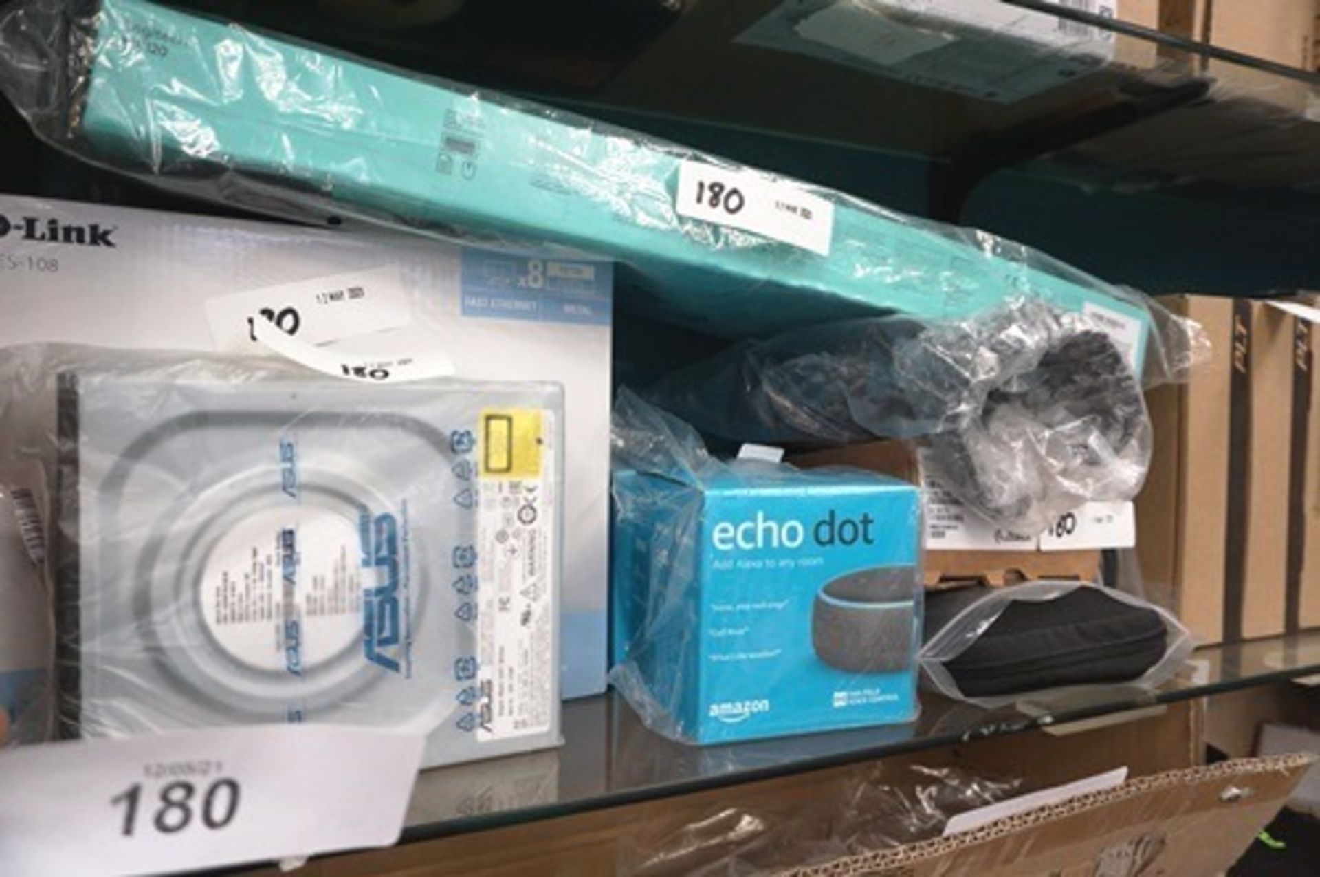 A selection of electrical items including 2 x Echo Dots, 2 x Poly Blackwire 5220 headphones,