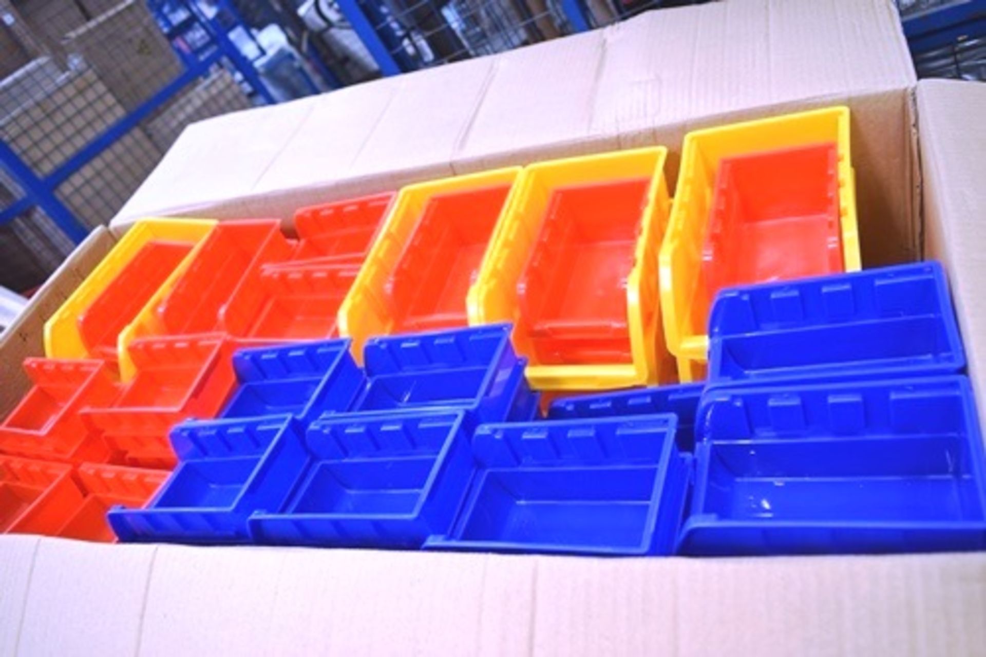 The Workplace mobile double sided small part bin trolley with 32 x blue bins, 32 x red bins and 10 x - Image 2 of 2