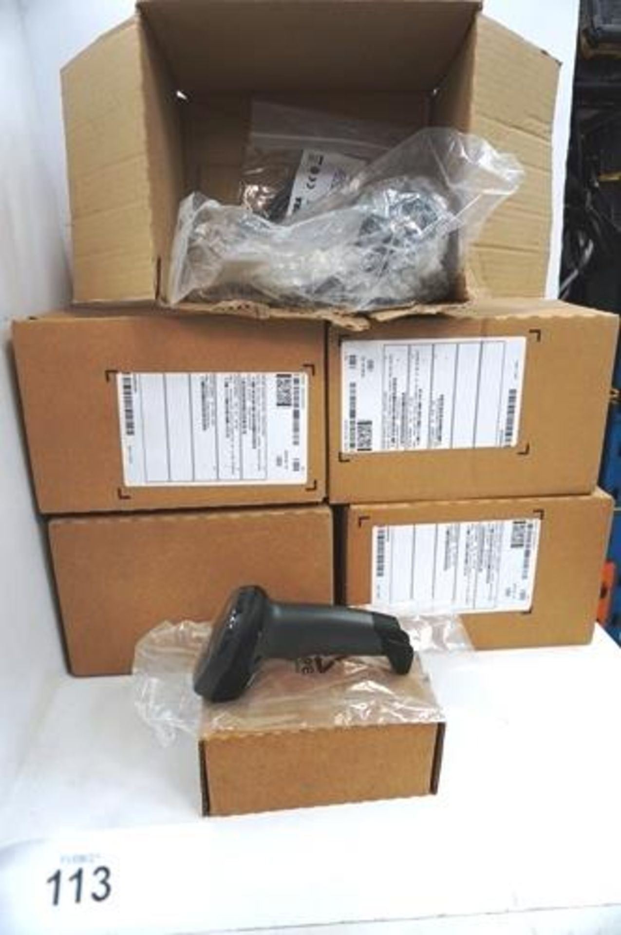 5 x Zebra 2D barcode scanners, model DS2208-SR with stands, RRP £90 each - new in box (ES8)