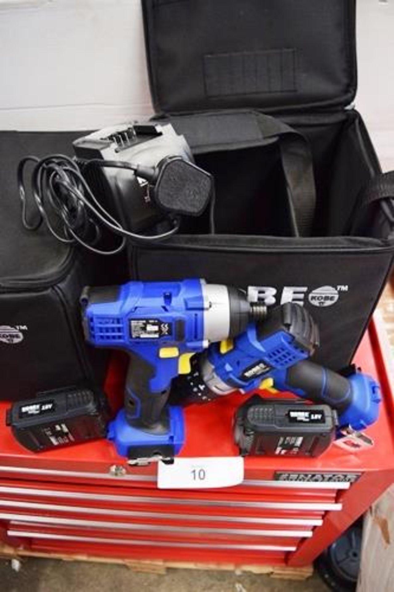 3 x Kobe 18V combi drill impact driver drills each with 4 x 18V batteries, 2 x chargers and 2 x