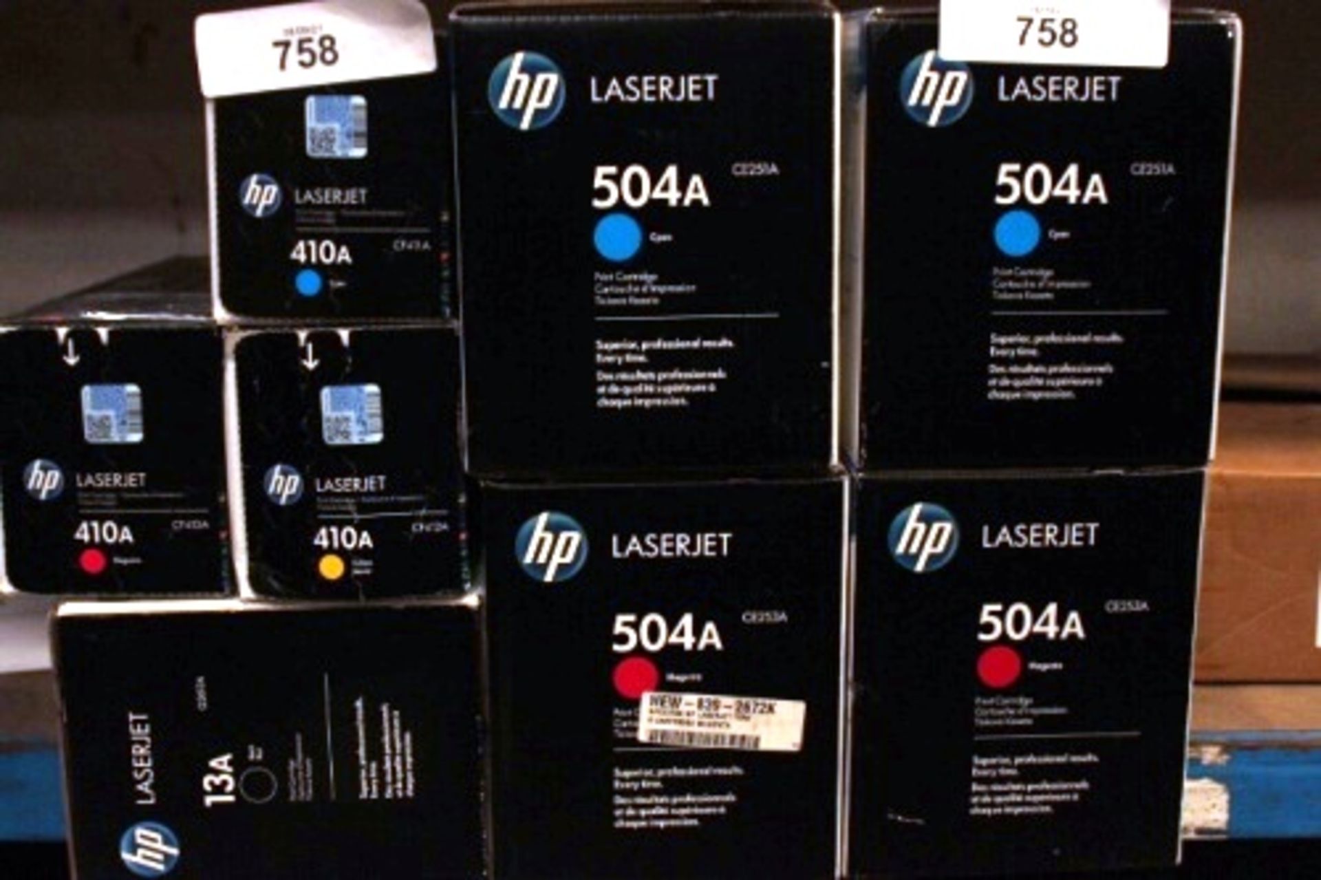 2 x cyan and 2 x magenta HP LaserJet 504A toner cartridges together with 1 x black HP13A toner