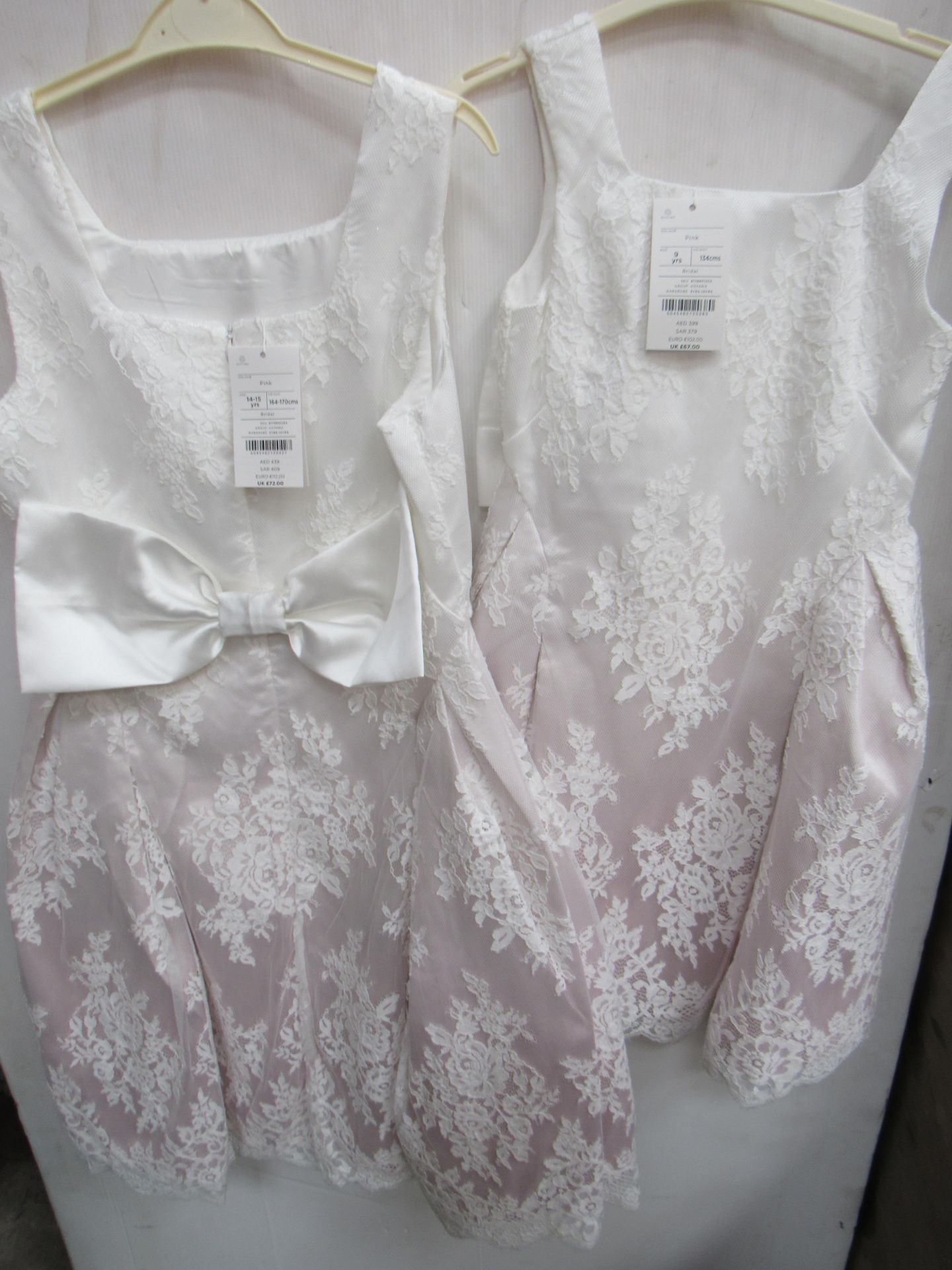 3 x Monsoon girls bridal frocks, ages 7yrs, 8yrs and 11yrs and 1 x pair of children's bridal shoes